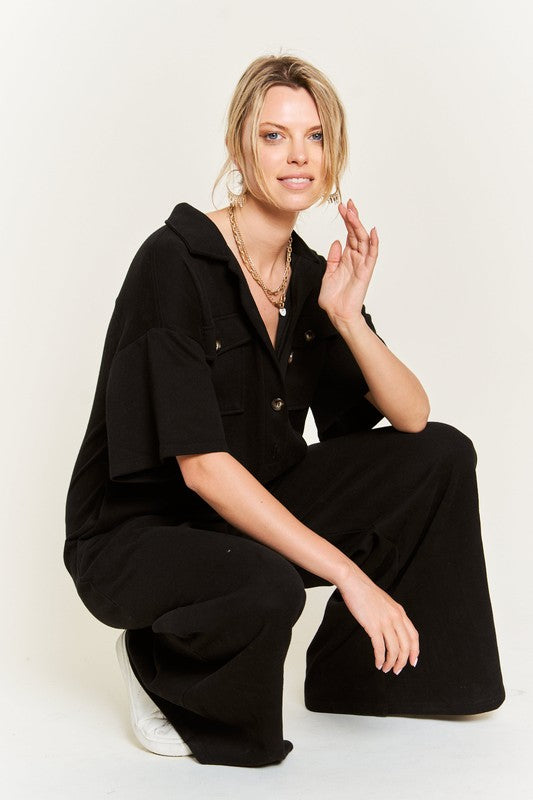 Basic Collar Shirt Wide leg Jumpsuit