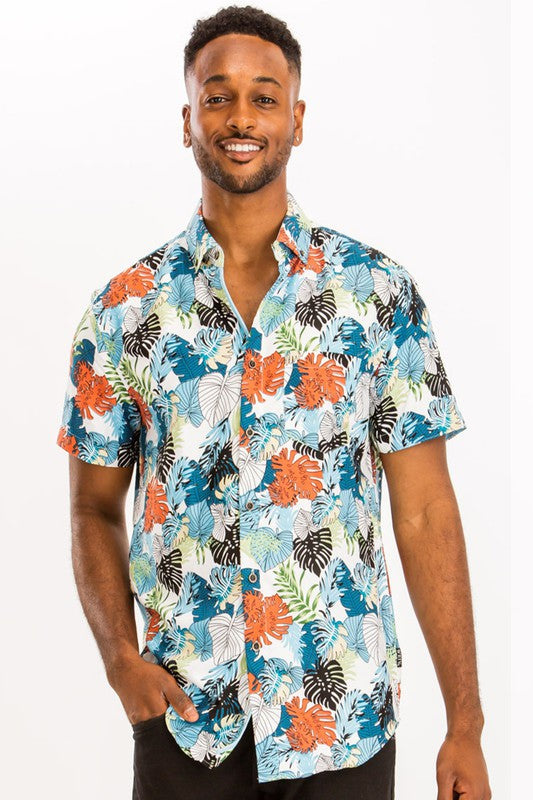 Weiv Mens Print Hawaiian Button Down Shirt