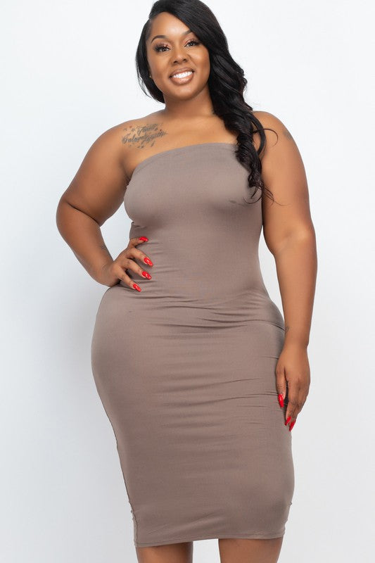 Plus Size Solid Strapless Tube Bodycon Midi Dress