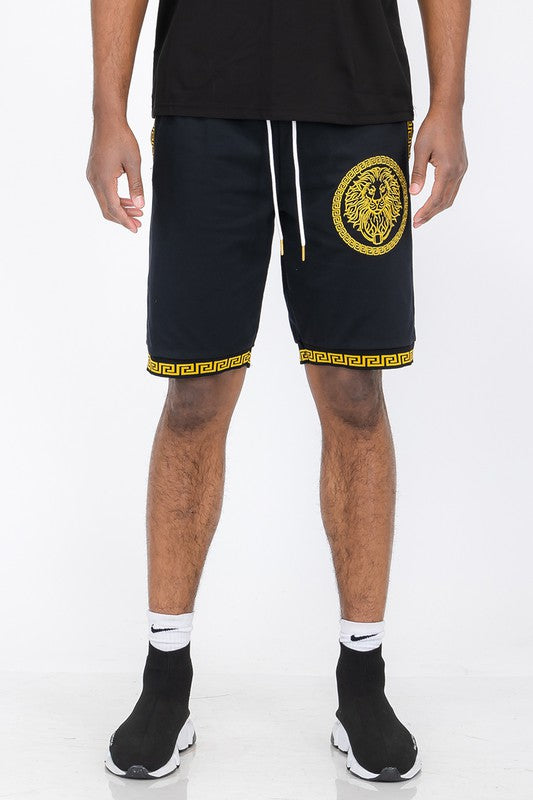 Mens Lion Head Black and Gold Detail Shorts