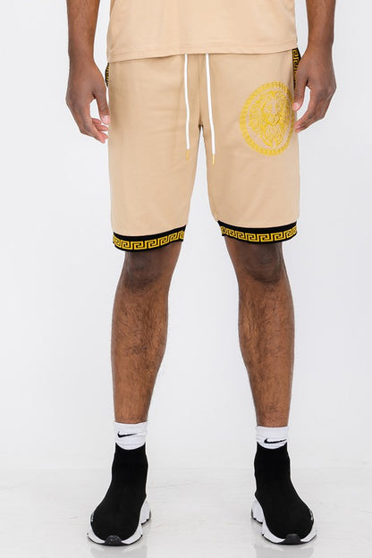 Mens Lion Head Black and Gold Detail Shorts