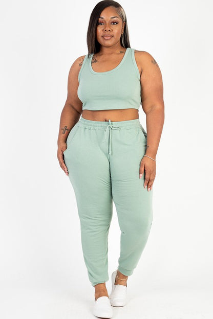 Plus French Terry Cropped Tank Top & Joggers Set