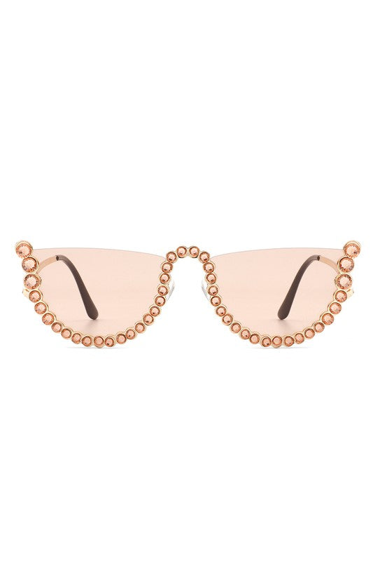 Half Frame Rhinestone Round Fashion Sunglasses