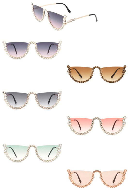 Half Frame Rhinestone Round Fashion Sunglasses