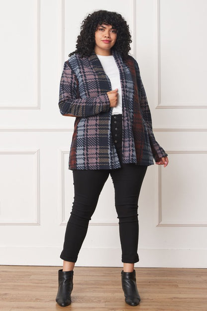 Plus Multi Color Plaid Elbow Patch Cardigan