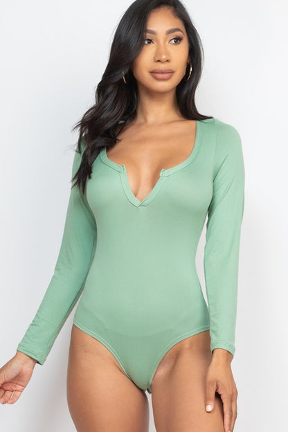 Split Neck Solid bodycon sexy Bodysuit