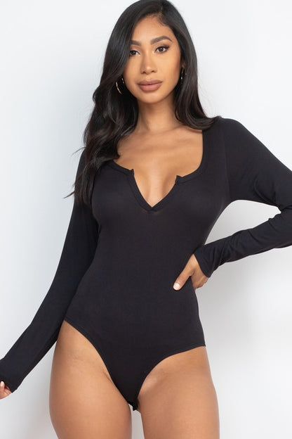 Split Neck Solid bodycon sexy Bodysuit