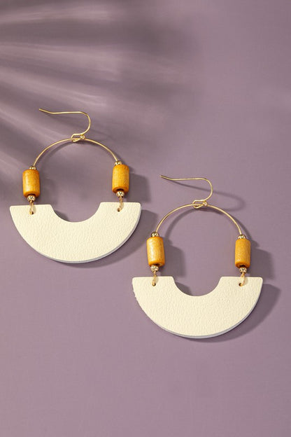 Leather and metal arch earrings with wood beads