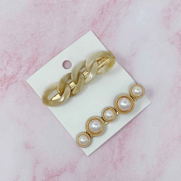 Marble Chain And Pearl Hair Clip Set