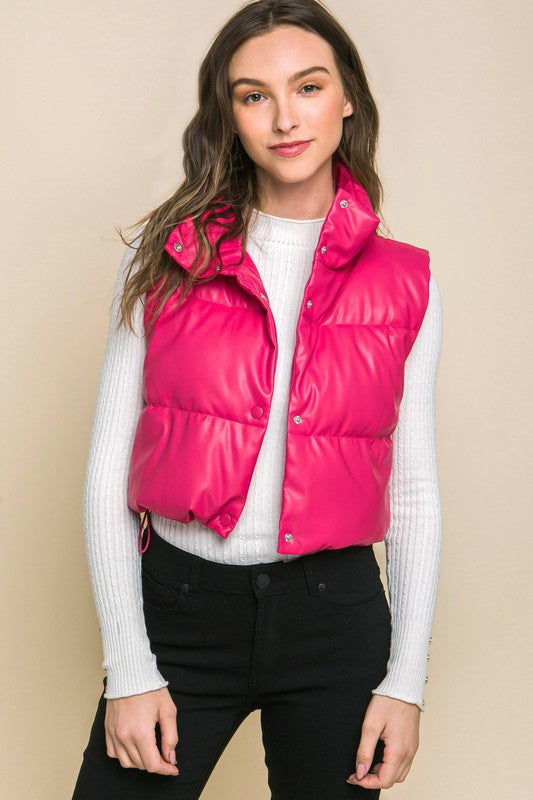 PU Faux Leather puffer West With Snap Button