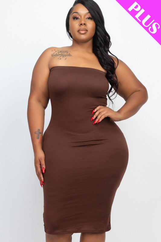 Plus Size Solid Strapless Tube Bodycon Midi Dress