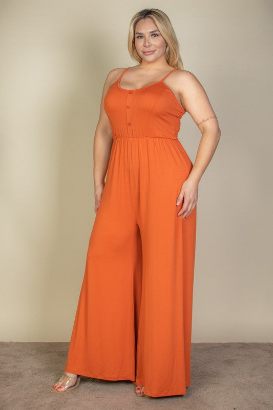 Plus Size Button Front Wide Leg Jumpsuit