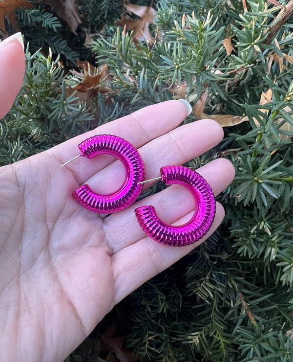 Hot Pink Chrome Acrylic Hoop Earrings