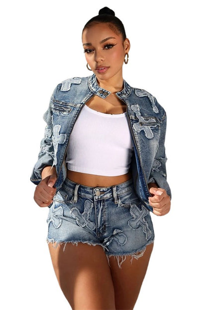 FAHION DENIM TWO PIECE SHOTR SET