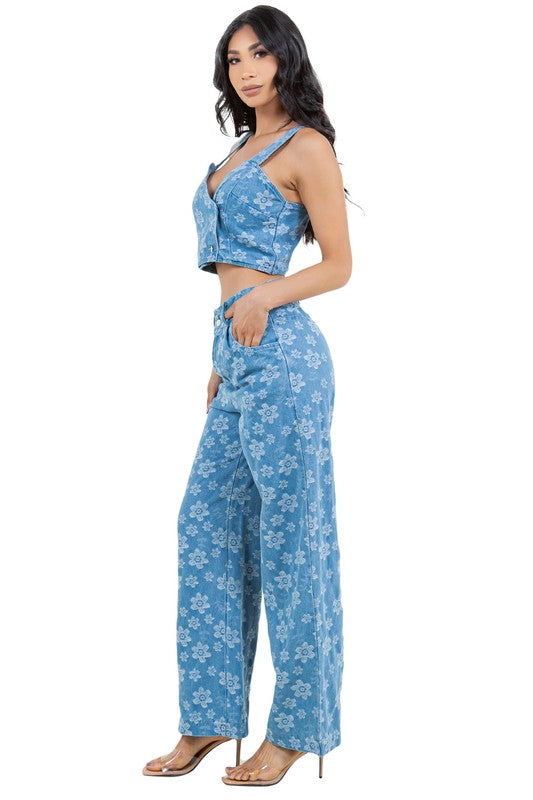 FAHION DENIM TWO PIECE PANTS SET