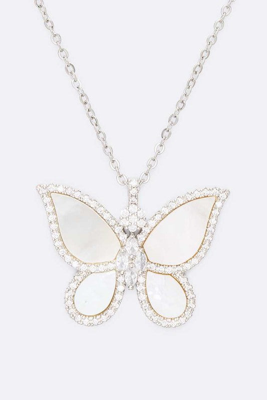 MOP Cubic Zirconia Butterfly Pendant Necklace Set