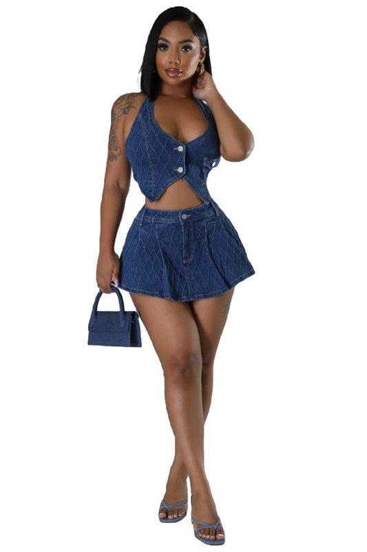 FASHION DENIM TWO PIECE SHORT SET