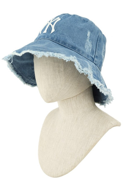 Distressed Denim NY Bucket Hat with Wired Brim