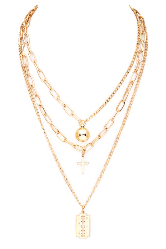 Mix Charm Cross Razor Layered Pendant Necklace