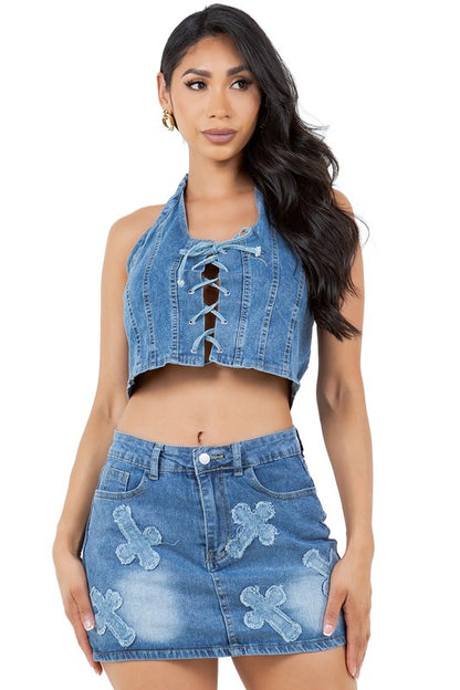 FASHION DENIM TWO PIECE SKIRT SET