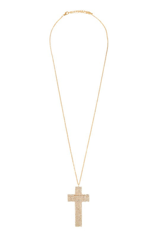 Rhinestone Cross Fringe Pendant Necklace