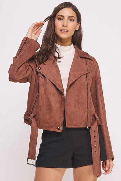 PLUS BELTED LONG SLEEVE ZIPPERED SUEDE MOTO JACKET