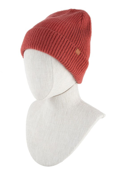 Solid Rib Beanie with Leather Tab