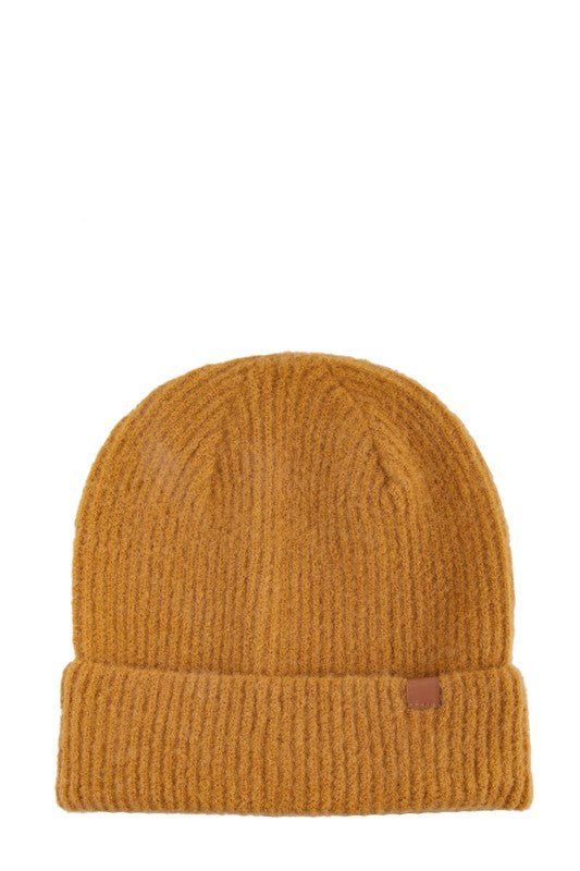 Solid Rib Beanie with Leather Tab