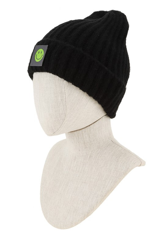 Solid Rib Beanie with Smile Accent