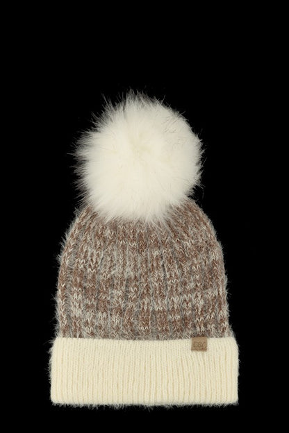 Super Soft Yarn Beanie with Faux Fur Pom