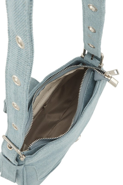 Decorative Buckle Denim Shoulder Bag