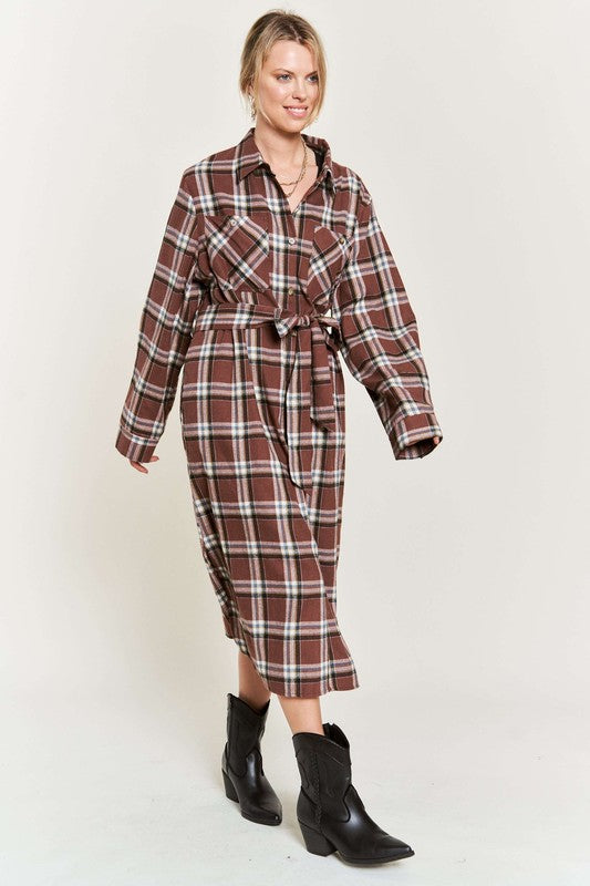 PLAID PRINT COLLAR LONG SHIRT DRESS PLUS