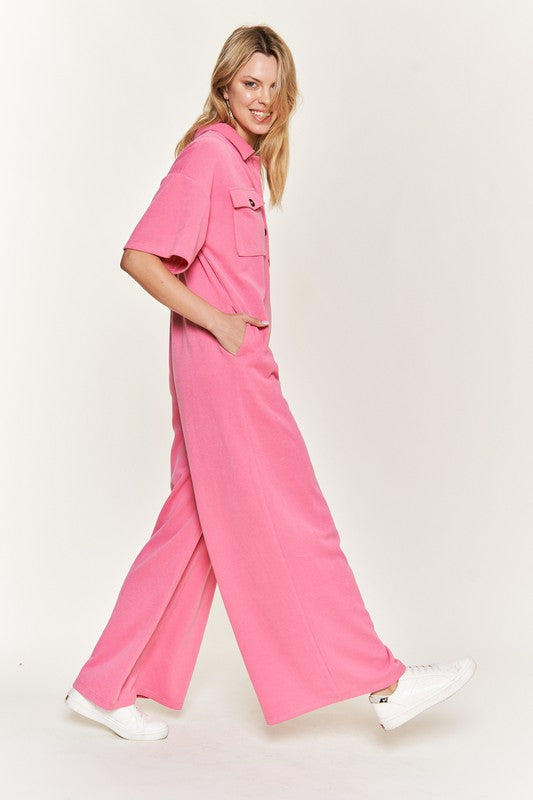 Basic Collar Shirt Wide leg Jumpsuit