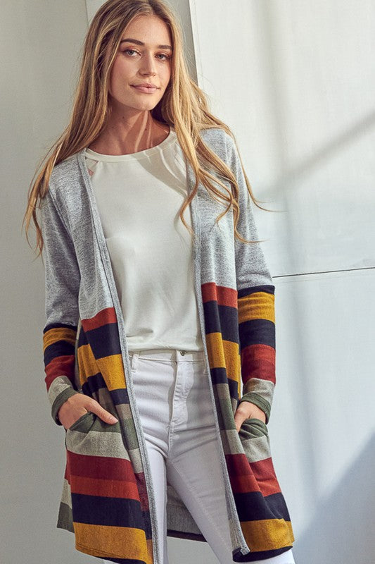 LUS BRUSHED STRIPE SOLID MIX CARDIGAN