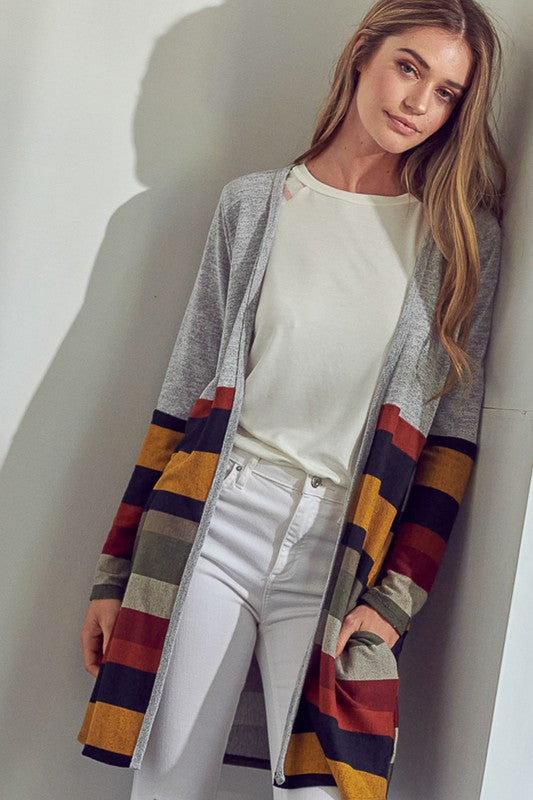 LUS BRUSHED STRIPE SOLID MIX CARDIGAN