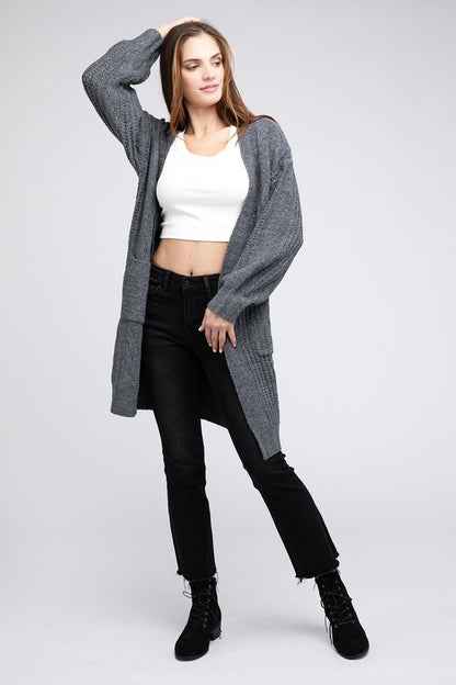 Twist Knitted Open Front Cardigan With Pockets