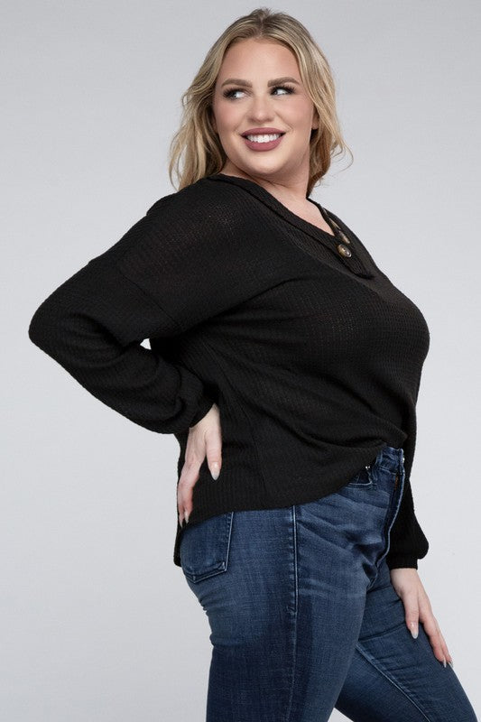 Plus Brushed Waffle V-Neck Button Detail Sweater