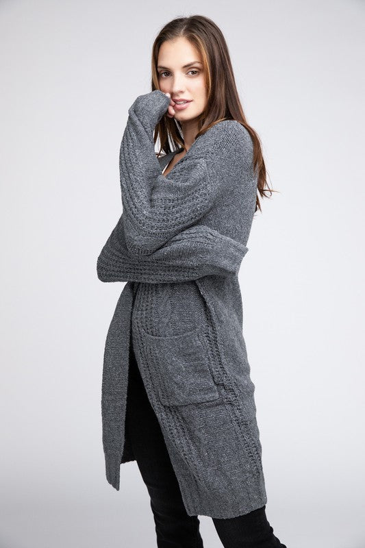 Twist Knitted Open Front Cardigan With Pockets