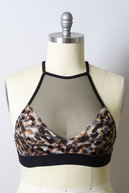 Plus Size Mesh Print High Neck Bralette