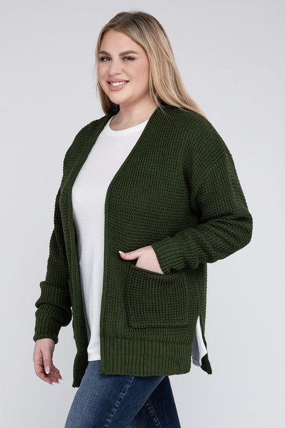 Plus Low Gauge Waffle Open Cardigan Sweater