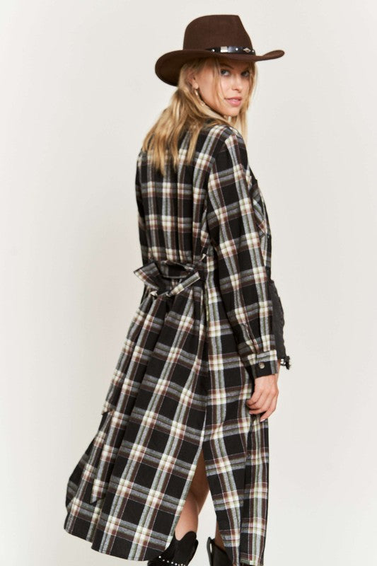 PLAID PRINT COLLAR LONG SHIRT DRESS PLUS